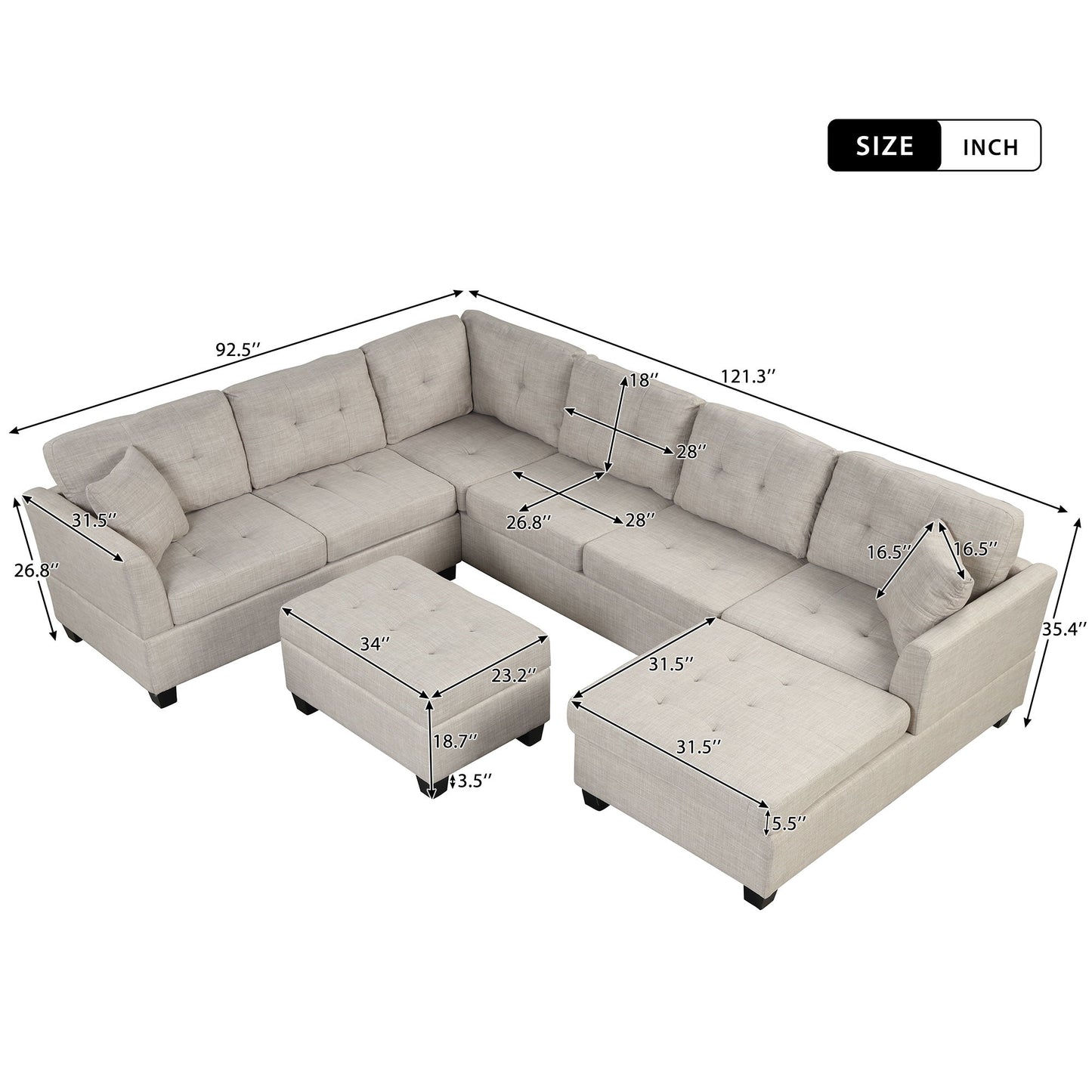 Oversized Sectional Sofa With Storage Ottoman, U-Shaped Sectional Couch With 2 Throw Pillows For Large Space Dorm Apartment