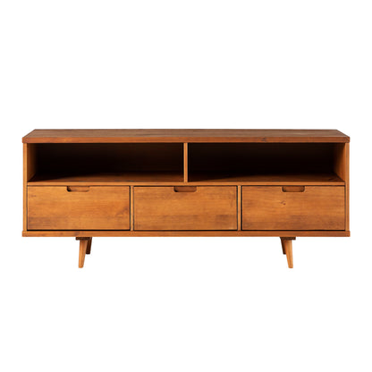 Mid-Century Modern Solid Wood 3 Drawer 58" TV Stand For 65" TVs With 2 Open Cubbies - Caramel