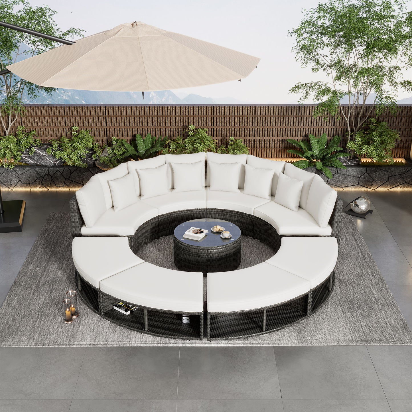 Outdoor Patio Furniture Luxury Circular Sofa Set Rattan Wicker Sectional Sofa Lounge Set With Tempered Glass Coffee Table, 6 Pillows