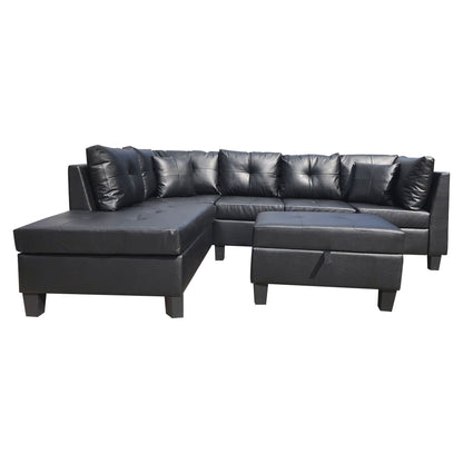 3 Piece Sofa With Left Chaise Lounge And Storage Ottoman, 2 Throw Pillows - Black