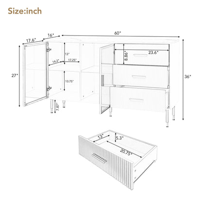 Modern Sideboard Buffet Cabinet Marble Sticker Tabletop And Amber-Yellow Tempered Glass Doors With Gold Metal Legs & Handles