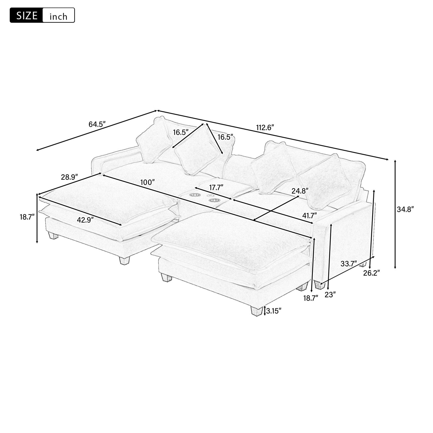 Sectional Sofa Chenille Upholstered Sofa With Two Removable Ottoman, Two USB Ports, Two Cup Holders And Large Storage Box For Living Room