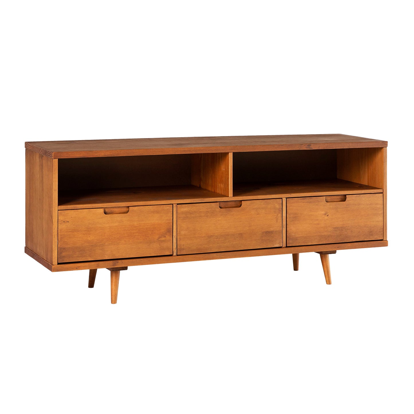 Mid-Century Modern Solid Wood 3 Drawer 58" TV Stand For 65" TVs With 2 Open Cubbies - Caramel