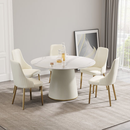 Modern Artificial Stone Round Plywood PU Base Dining Table, Can Accommodate 6 People, (Not Including Chairs) - White / Beige