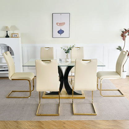 Modern Style Glass Dining Table With Elegant Transparent Design, Solid Support Base, Pale Yellow Dining Chair Set With Gold-Plated Legs, Suitable For Restaurant Kitchens