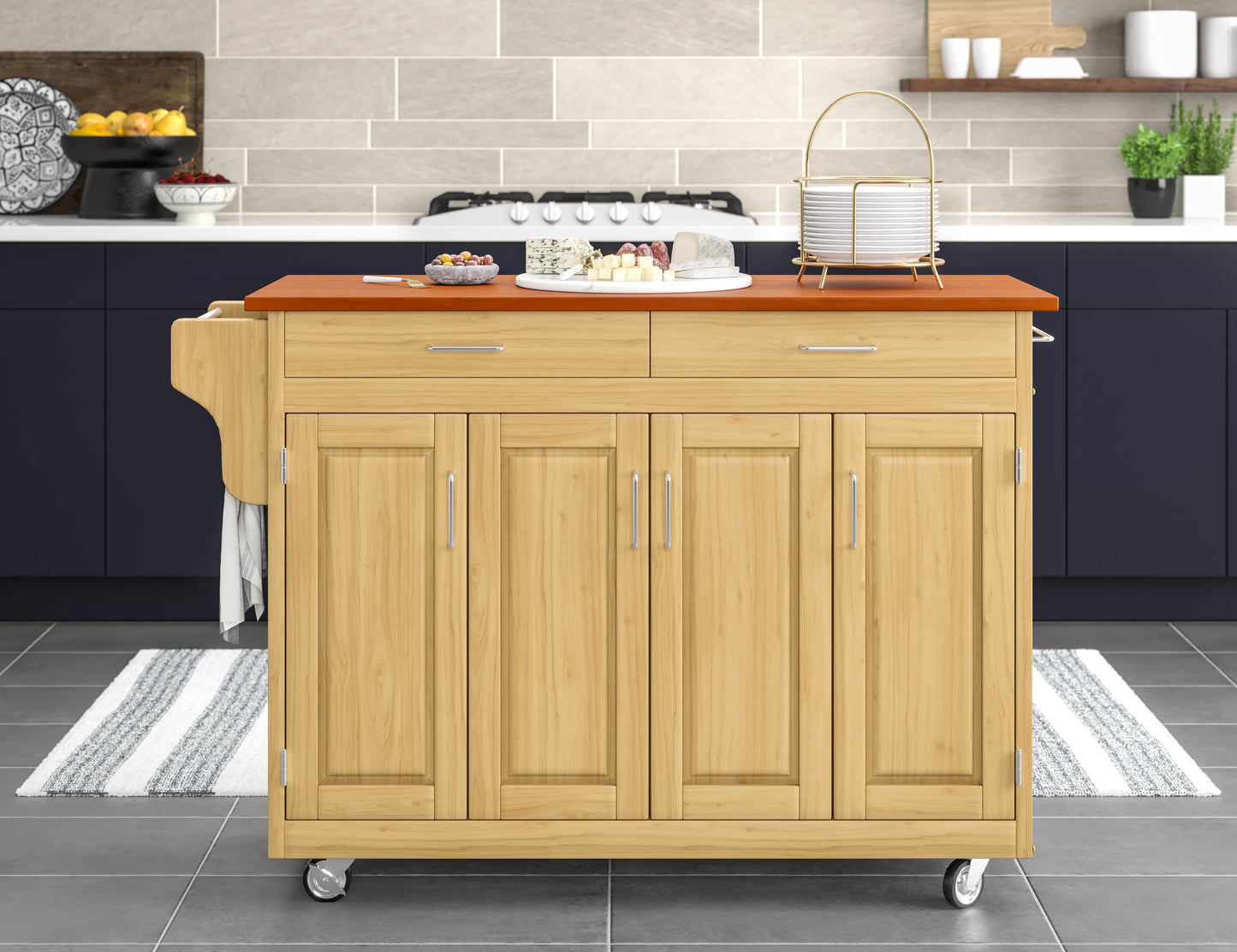 Create-A-Cart - 4 Doors Kitchen Cart With Oak Wood Top