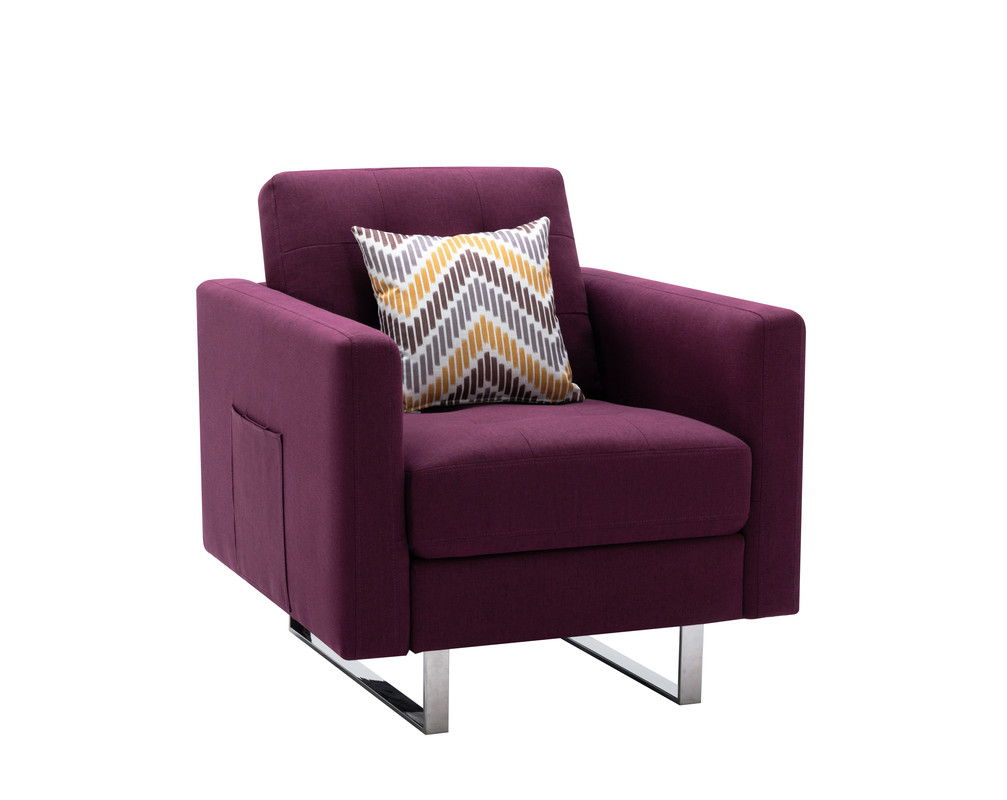 Victoria - Linen Fabric Armchair With Metal Legs, Side Pockets, And Pillow