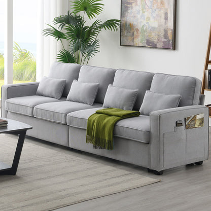 4 Seater Modern Linen Sofa With Armrest Pockets And 4 Pillows, Minimalist Style Couch For Living Room