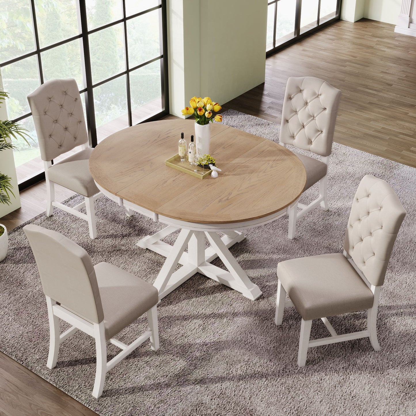 Functional Furniture Retro Style Dining Table Set With Extendable Table And 4 Upholstered Chairs For Dining Room And Living Room