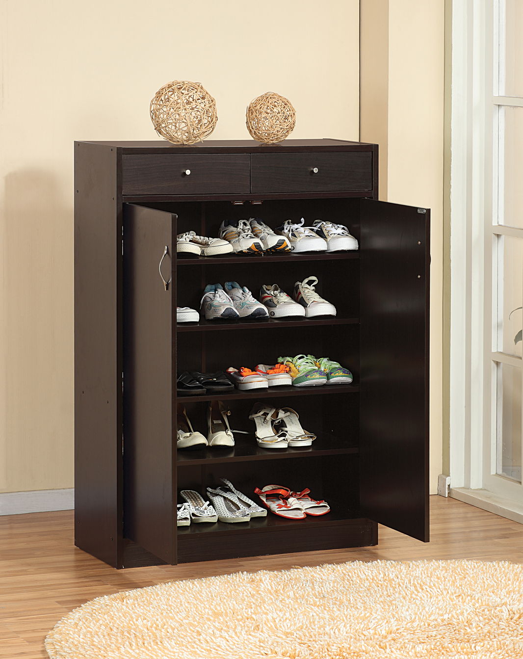 Shoe Storage Cabinet With Fives Shelves, Two Drawers, Fits 15 Pairs Of Shoes