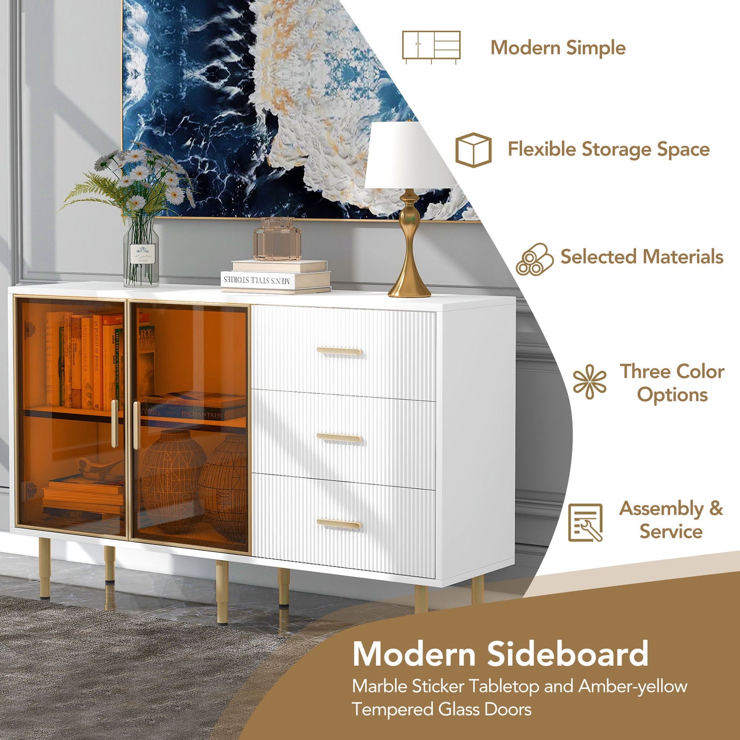 Modern Sideboard Buffet Cabinet Marble Sticker Tabletop And Amber-Yellow Tempered Glass Doors With Gold Metal Legs & Handles