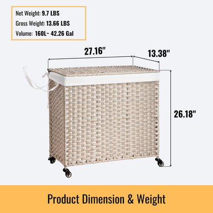 Laundry Hamper With Lid PE Rattan Powder Coating Frame Clothes Hampers With 2 Removable Bags