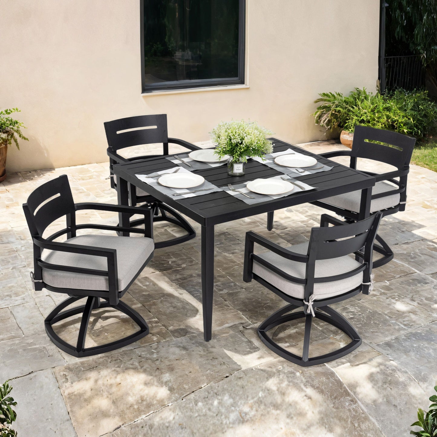 Outdoor Patio Aluminum Furniture, Modern Dining Set, Including 4 Swivel Rockers Sunbrella Cushioned And Square Dining Table With Umbrella Hole