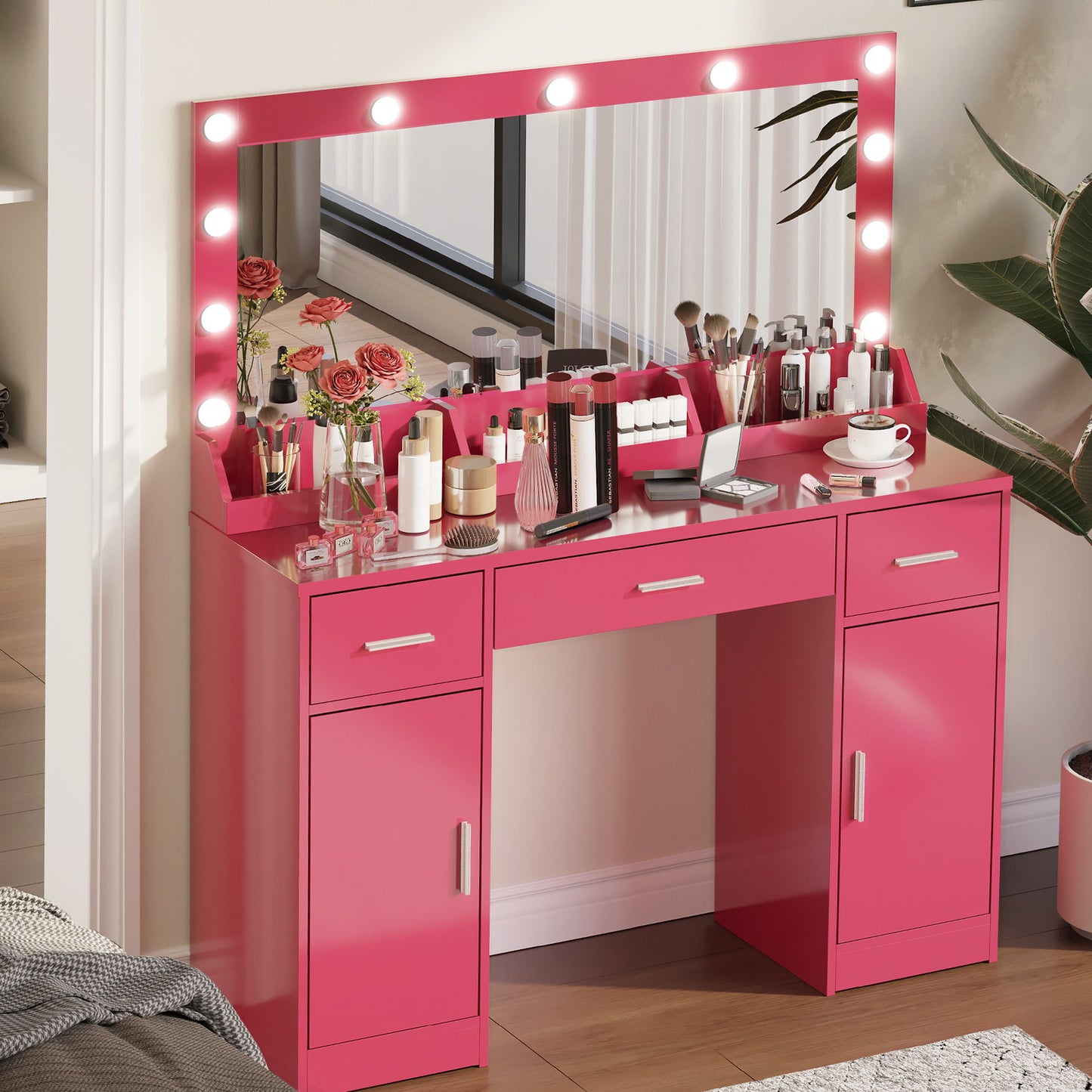 Vanity Desk With Large Mirror, 3 Colour Lighting Modes, Adjustable Brightness, Dresser With 3 Drawers & 2 Vertical Cabinets, Makeup Vanity Table For Women & Girls