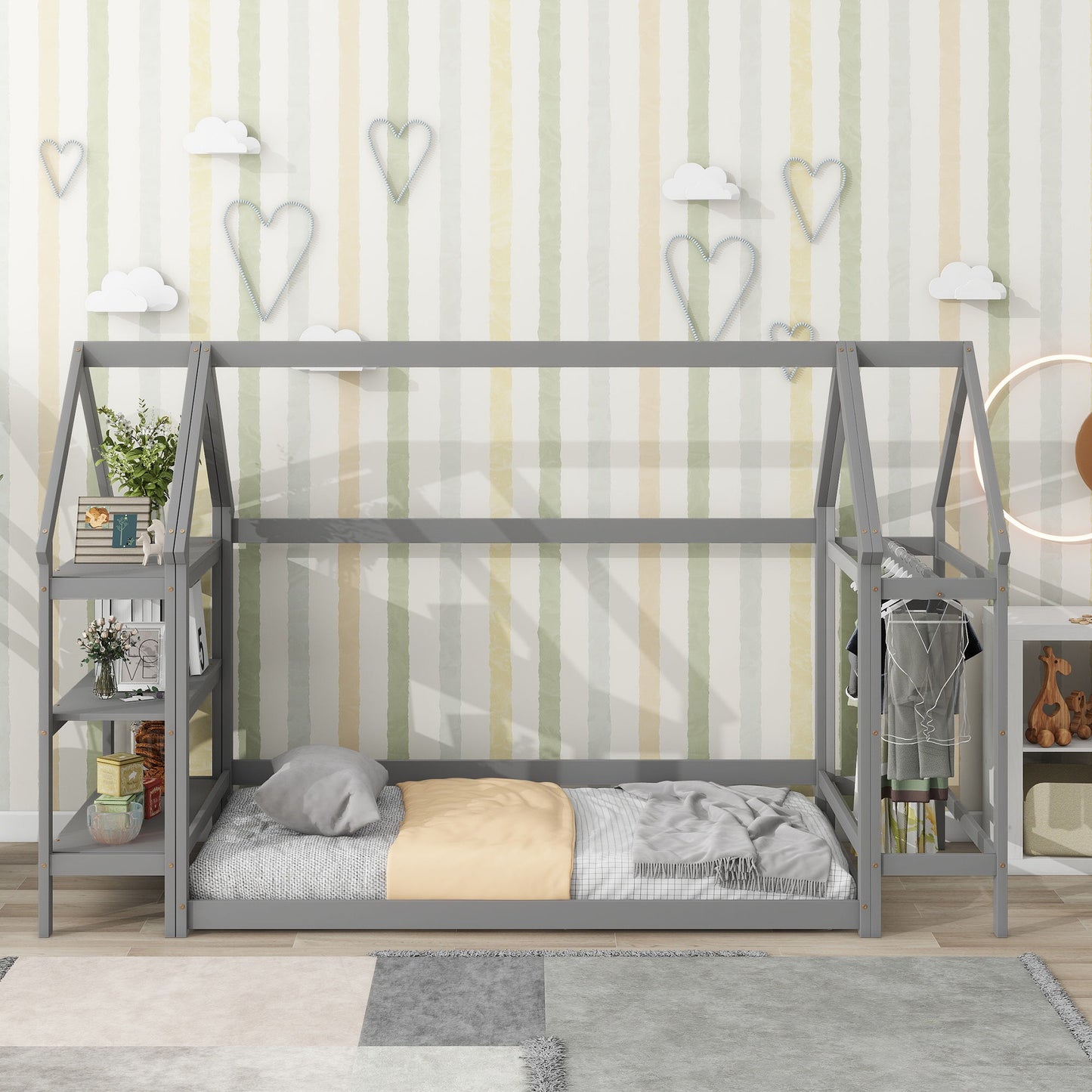 Wood House Bed With Storage Shelf And Hanger, Kids Bedroom Set