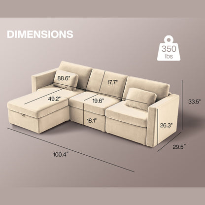 4 Seats Modern Cotton Linen L-Shape Sectional Sofa, Oversized Upholstery Sectional Sofa, Chaise Couch With Storage Ottomans For Living Room / Loft / Apartment / Office