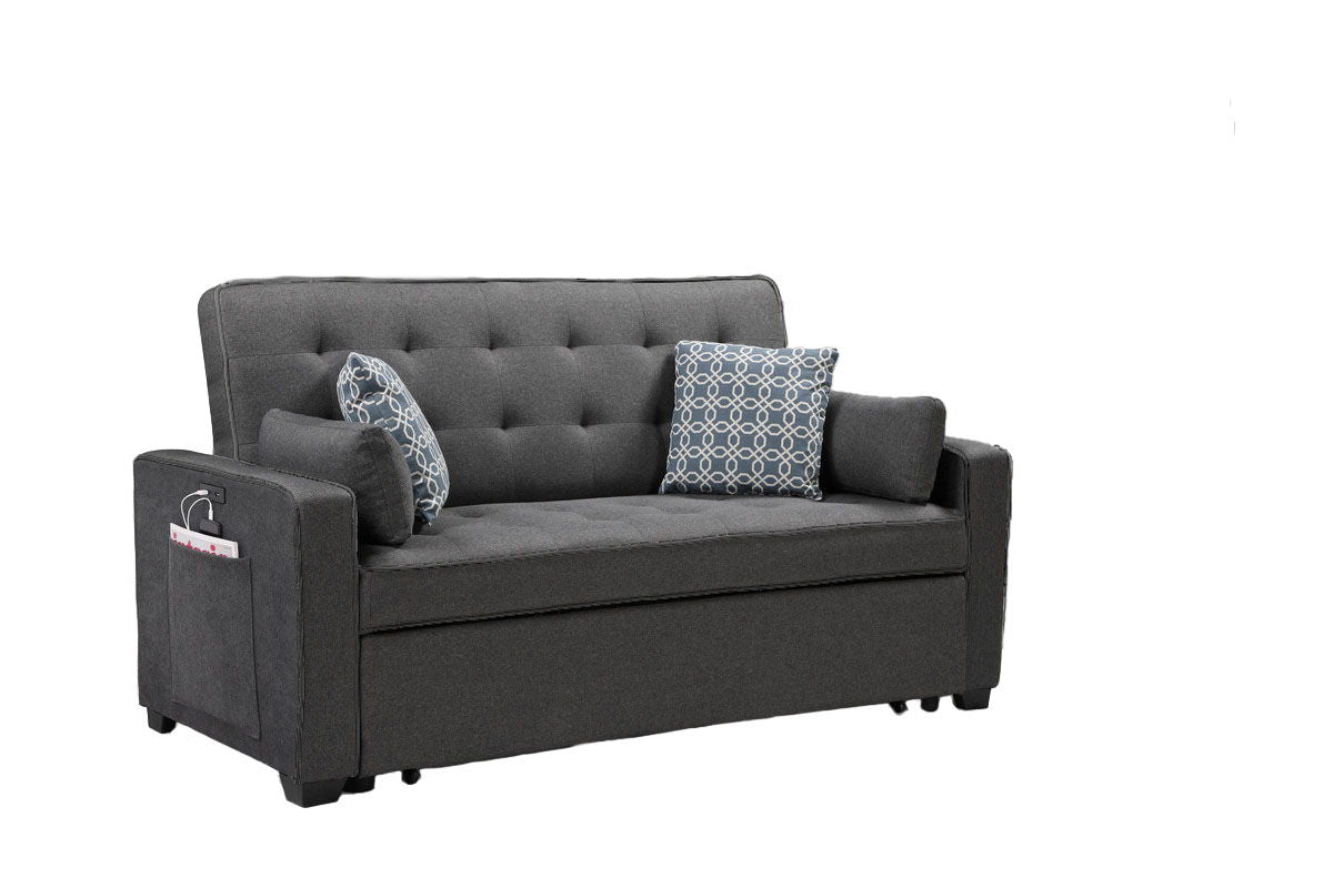 William - Modern Fabric Sleeper Sofa With 2 USB Charging Ports And 4 Accent Pillows - Gray