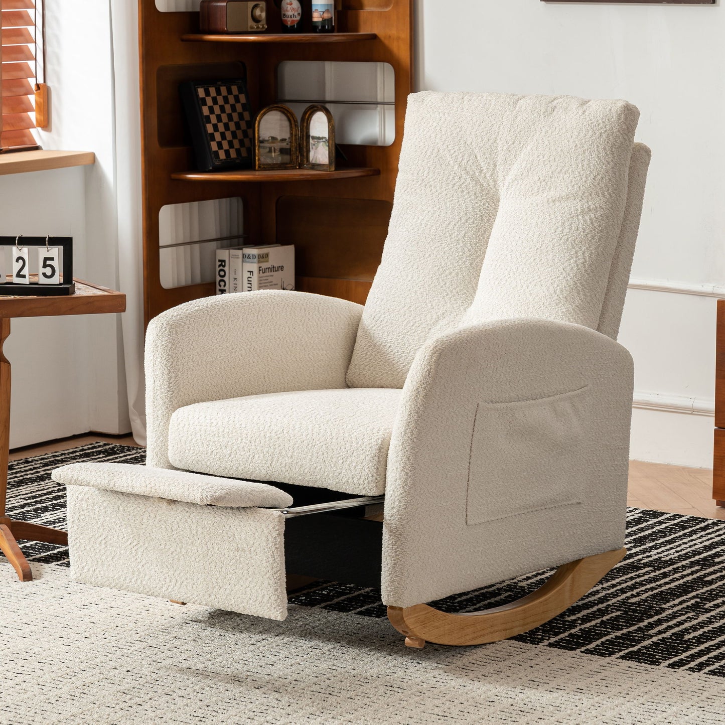 Accent Rocking Chair & Footrest High Back Rubber Wood Rocking Legs Bedroom Living Space - Beige