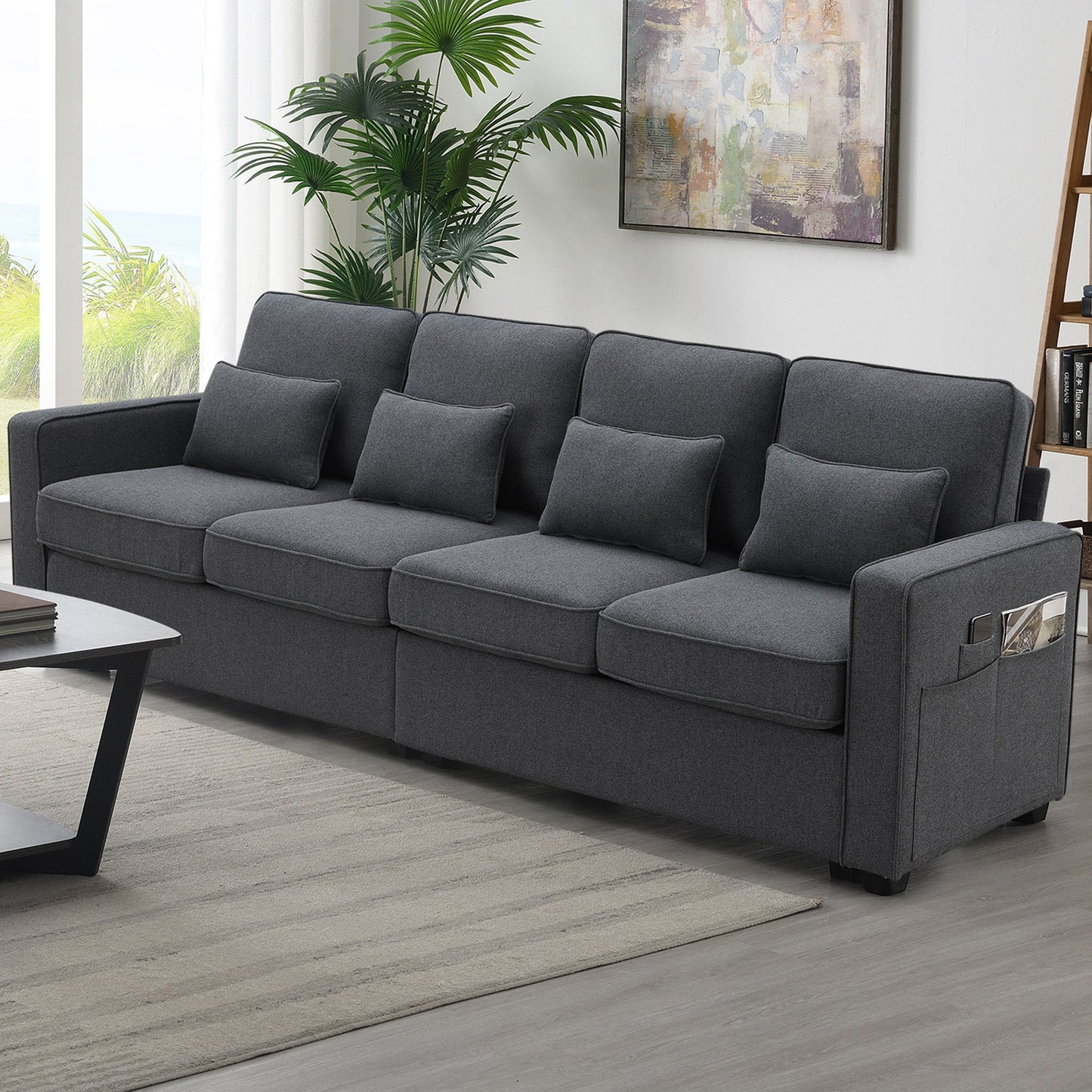 4 Seater Modern Linen Sofa With Armrest Pockets And 4 Pillows, Minimalist Style Couch For Living Room