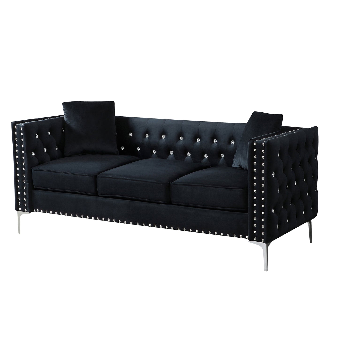 Modern Sofa Jeweled Buttons Tufted Square Arm Couch, 2 Pillows Included