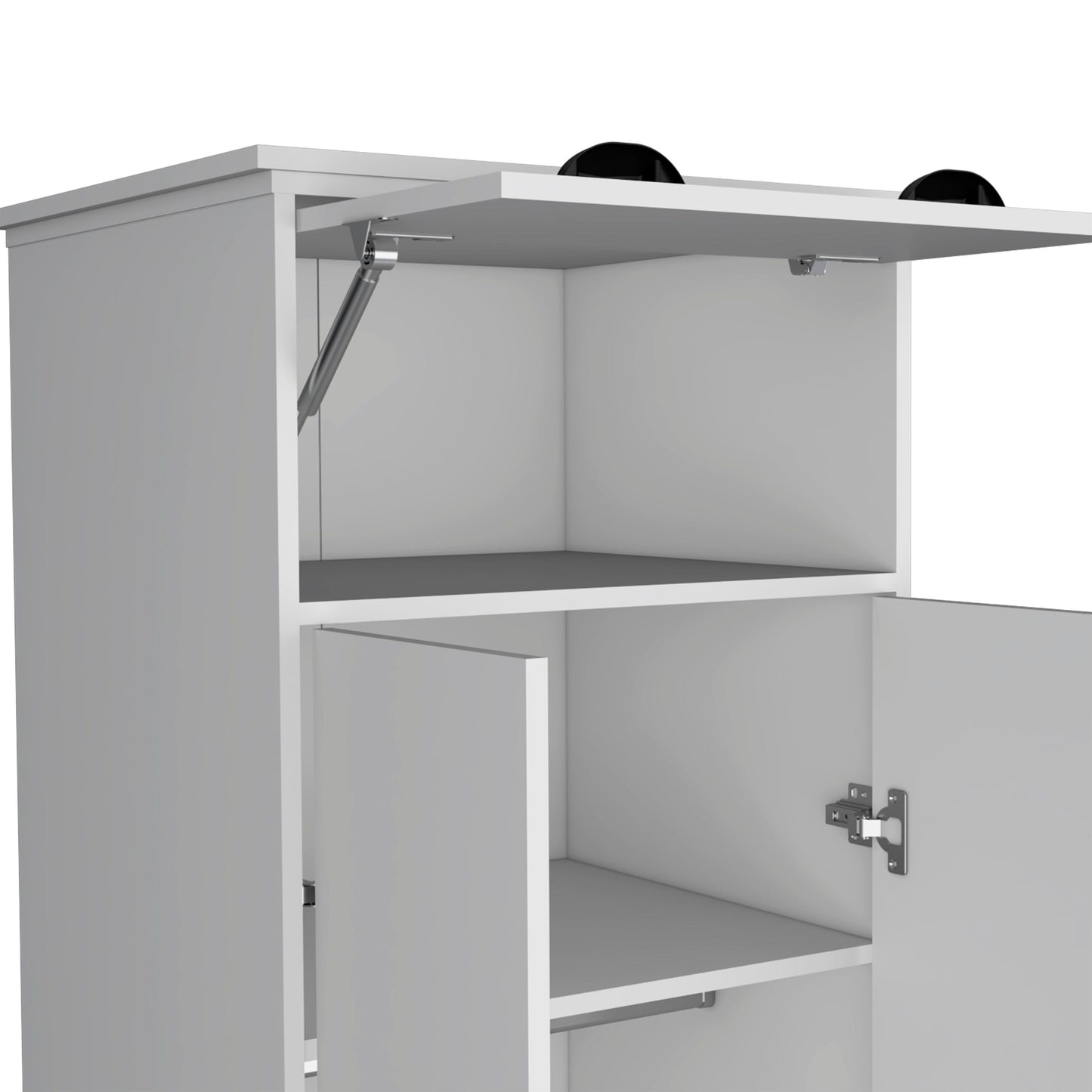 Dresser Closet With Upper Storage Covered With 1 Door, 2 Central Shelves, 1 Tube For Hanging Clothes Covered By 2 Doors, 1 Drawer At The Bottom - White