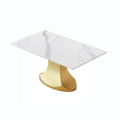 63" Modern Artificial Stone Panel Golden Stainless Steel Curved Legs, Can Accommodate 6-8 People - White / Gold