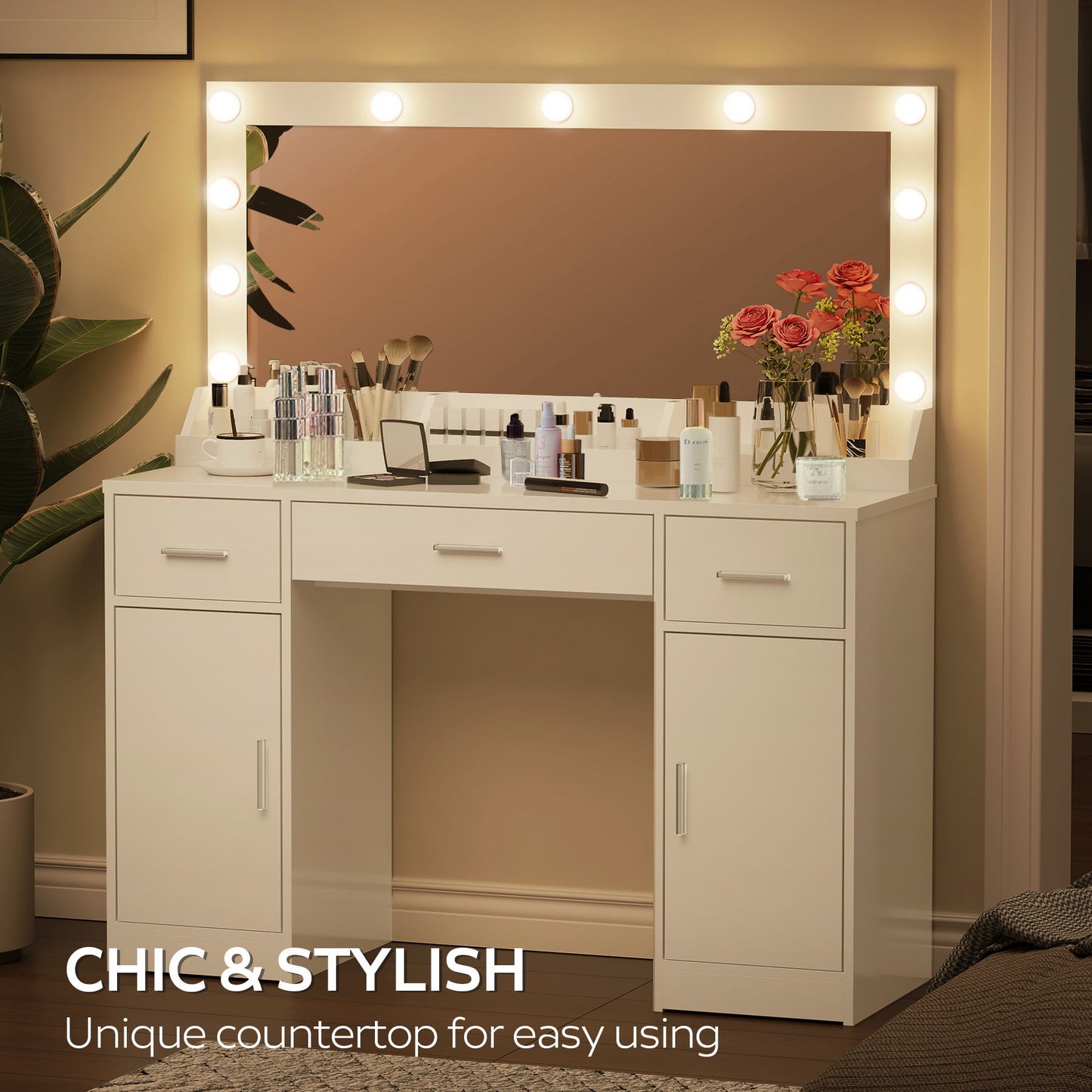 Vanity Desk With Large Mirror, 3 Colour Lighting Modes, Adjustable Brightness, Dresser With 3 Drawers & 2 Vertical Cabinets, Makeup Vanity Table For Women & Girls