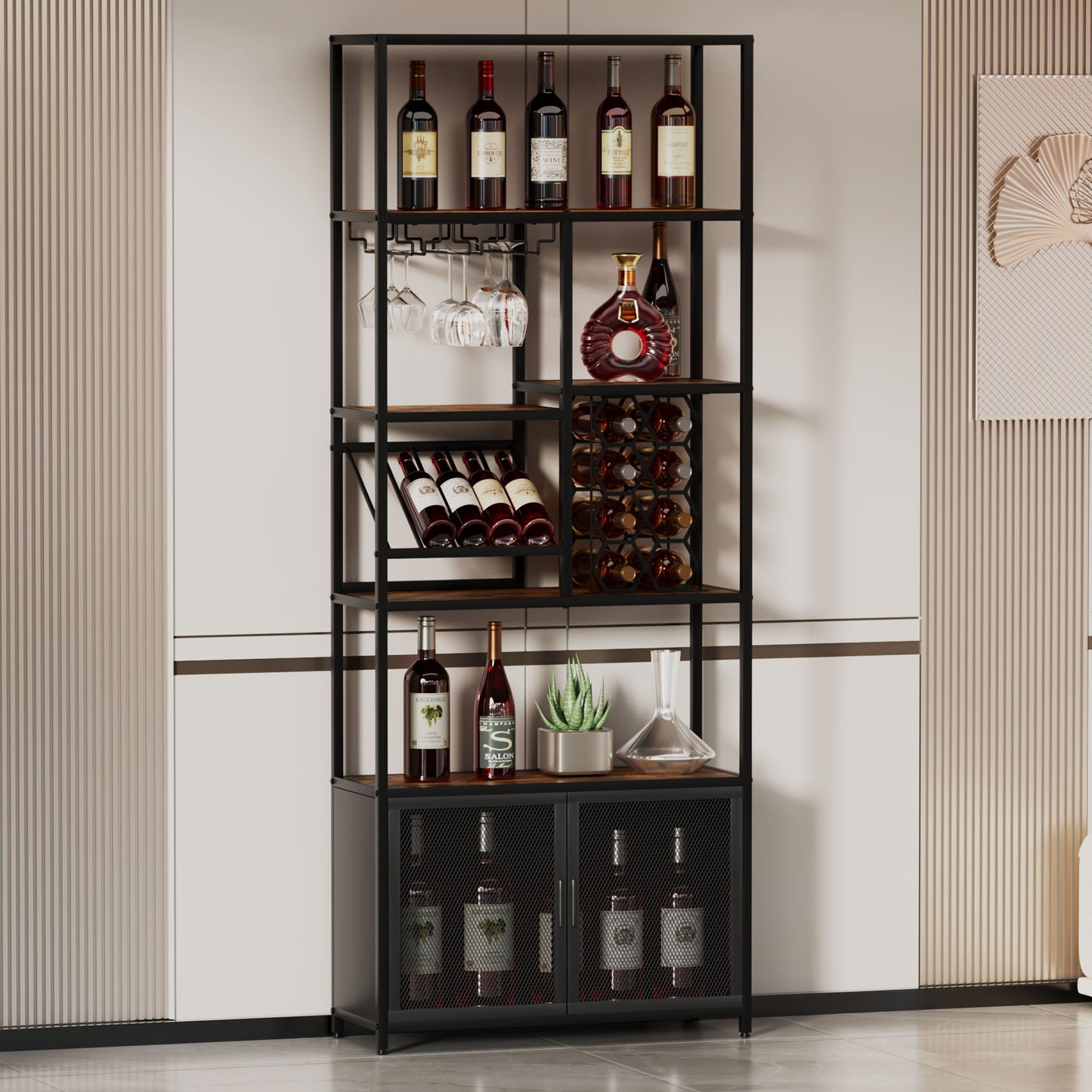 82.7" Industrial Standing Wine Rack With Glass Rack Tall Freestanding Floor Bar Cabinet - Walnut / Black