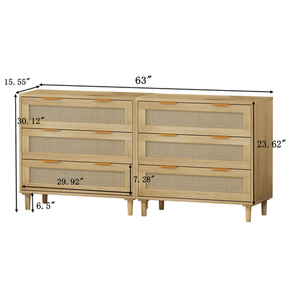 3 Drawers Rattan Storage Cabinet Rattan Drawer, For Bedroom, Living Room, Dining Room, Hallways (Set of 2) - Oak