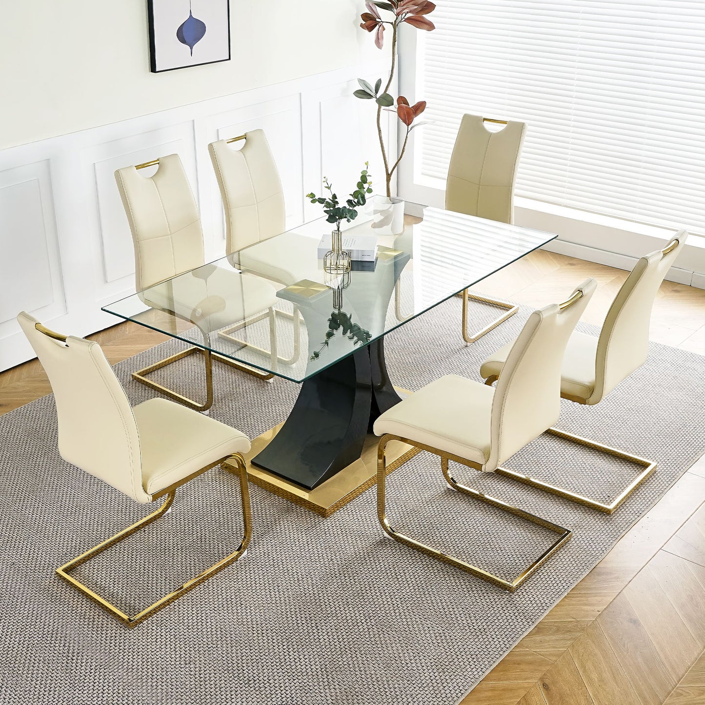 Modern Style Glass Dining Table With Elegant Transparent Design, Solid Support Base, Pale Yellow Dining Chair Set With Gold-Plated Legs, Suitable For Restaurant Kitchens