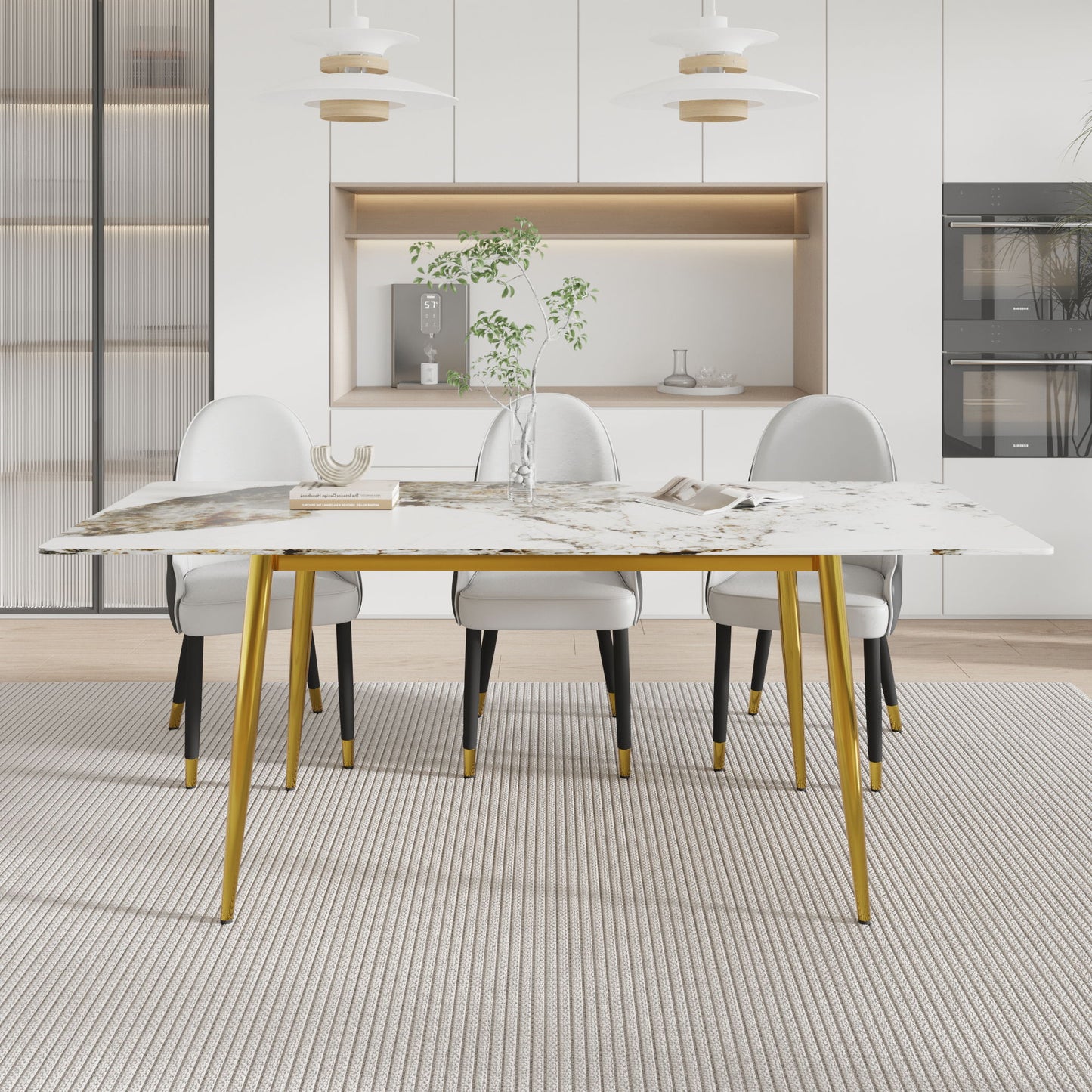 78.74" Modern Artificial Stone Pandora Straight Edge Golden Metal Leg Dining Table, Can Accommodate 8 People - White