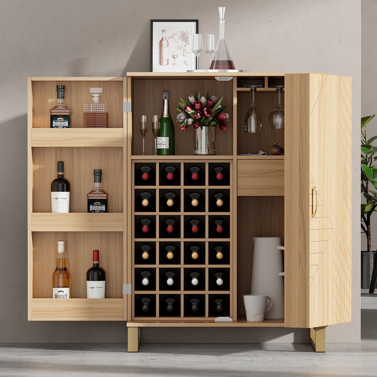 Modern Home Bar Cabinet Carved Wine Cabinet With Storage - Natural