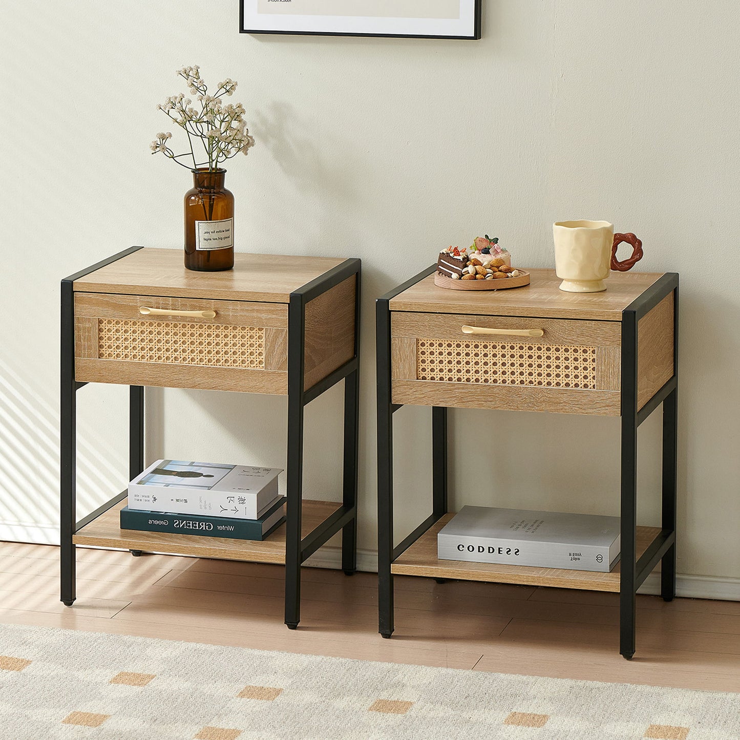 15.74" Rattan End Table With Drawer, Modern Nightstand, Metal Legs, Side Table For Living Room, Bedroom