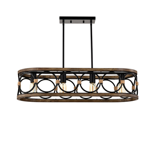 4 Light Rectangular Ellipse Pendant Lights Kitchen Island, Metal Farmhouse Kitchen Pendant Lights, Adjustable Height, Modern Industrial Chandelier For Living Room, Dining Room - Matte Black / Natural