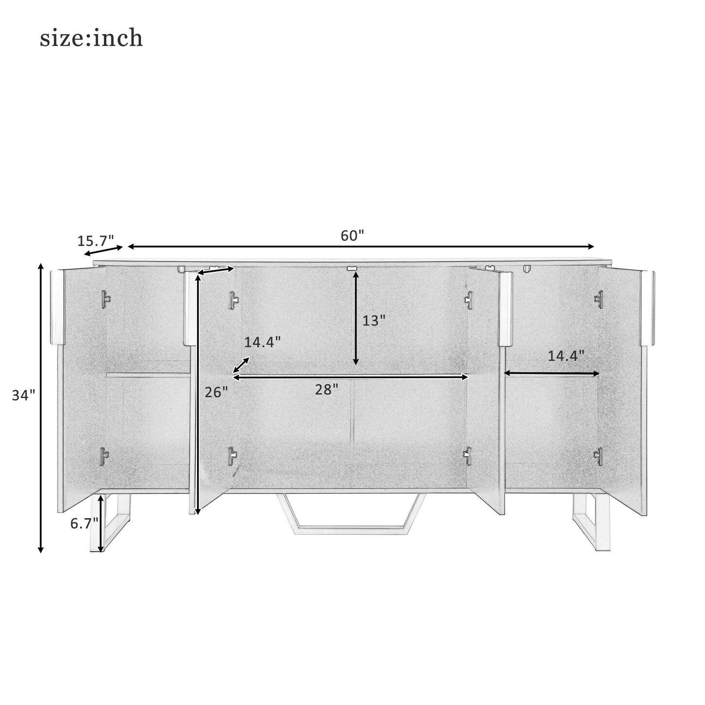 Modern Sideboard With Four Doors, Metal Handles & Legs And Adjustable Shelves Kitchen Cabinet