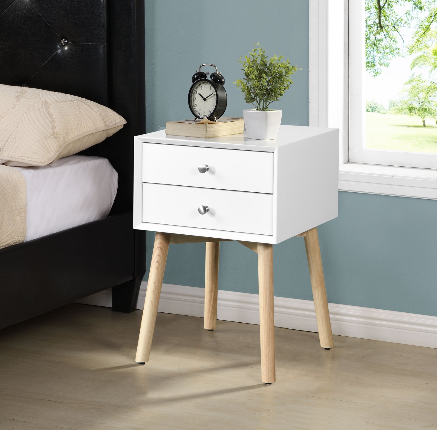 Bedside Table With 2 Drawers Mid-Century Modern Storage Cabinet For Bedroom