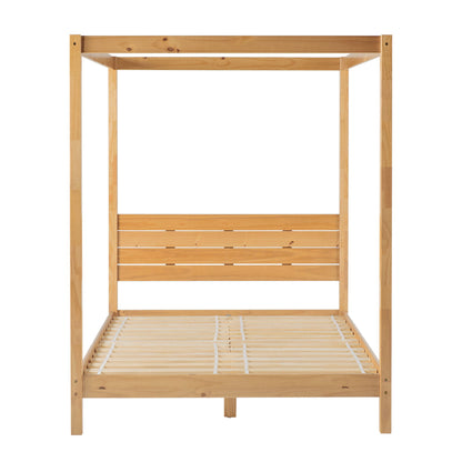 Queen Canopy Bed Frame Modern Minimalist Boho - Natural Pine