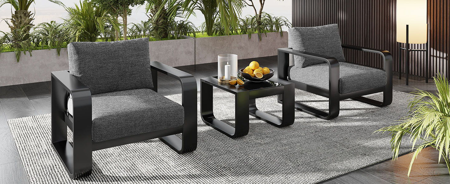 3 Piece Aluminum Frame Patio Furniture With 6.7" Thick Cushion And Coffee Table, All Weather Use Olefin Fabric Outdoor Chair - Gray / Black