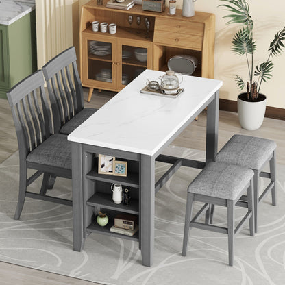 5 Piece Counter Height Dining Table Set With Built-In Storage Shelves - Gray