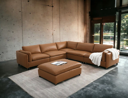 Brighton - Top Grain Leather 6 Pieces Modular Sectional With 1 Ottoman - Brown