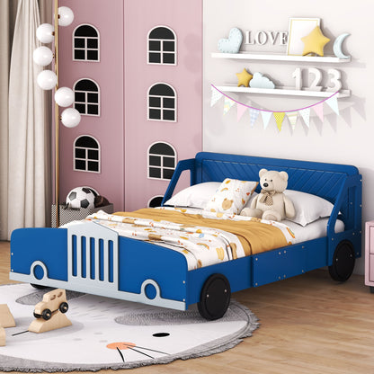 Full Size Car-Shaped Platform Bed With Wheels - Blue