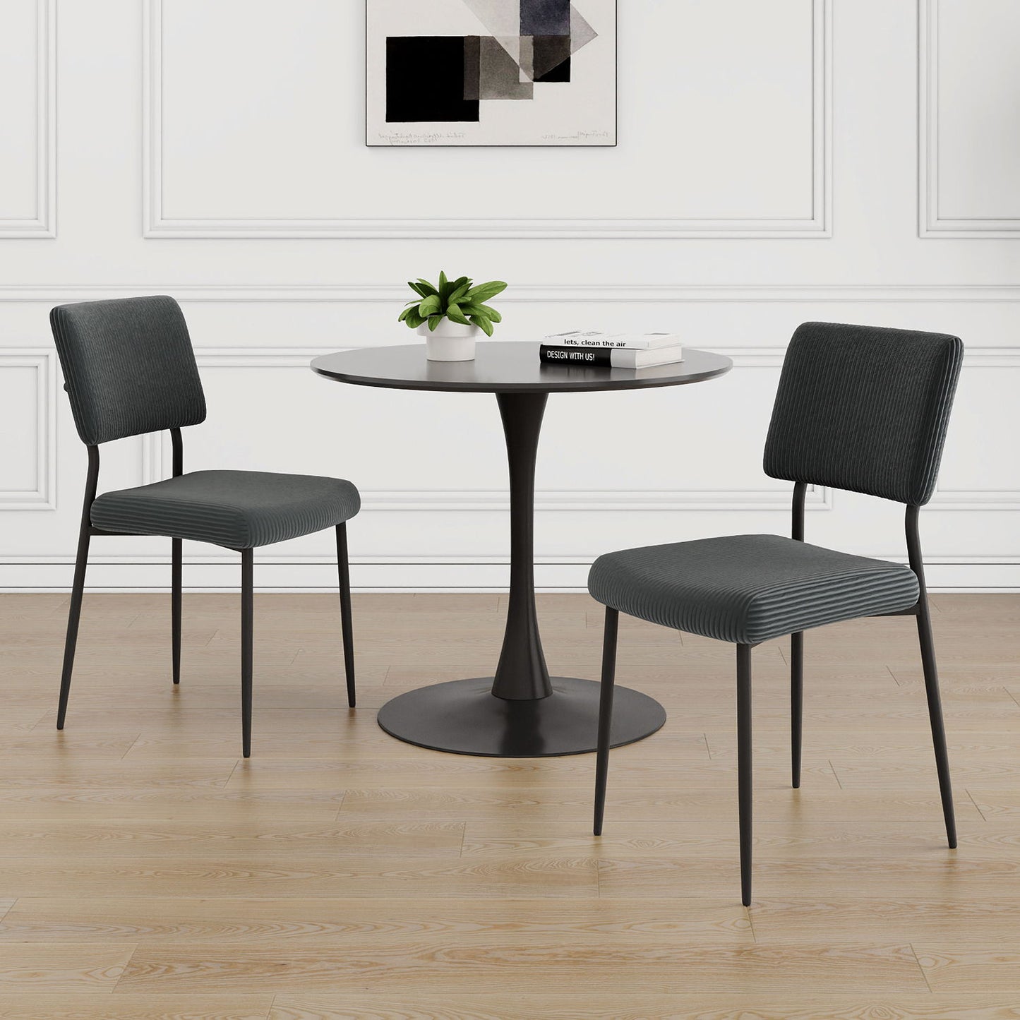 Modern Gray Simple Velvet Dining Chair Fabric Upholstered Chair Family Bedroom Stool Back Dressing, Black Round Table Set, Chair Metal Legs (Set of 3) - Black / Dark Gray