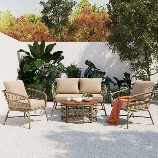 Bohemia-Inspired 4 Person Outdoor Seating Group With Removable Cushions, Conversation Patio Set With Wood Tabletop - Beige