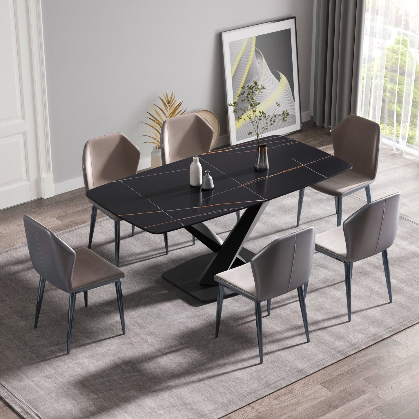 70.87" Modern Artificial Stone Black Curved Black Metal Leg Dining Table, Can Accommodate 6-8 People - Black