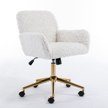 Office Chair, Artificial Rabbit Hair Home Office Chair With Golden Metal Base, Adjustable Desk Chair Swivel Office Chair, Vanity Chair