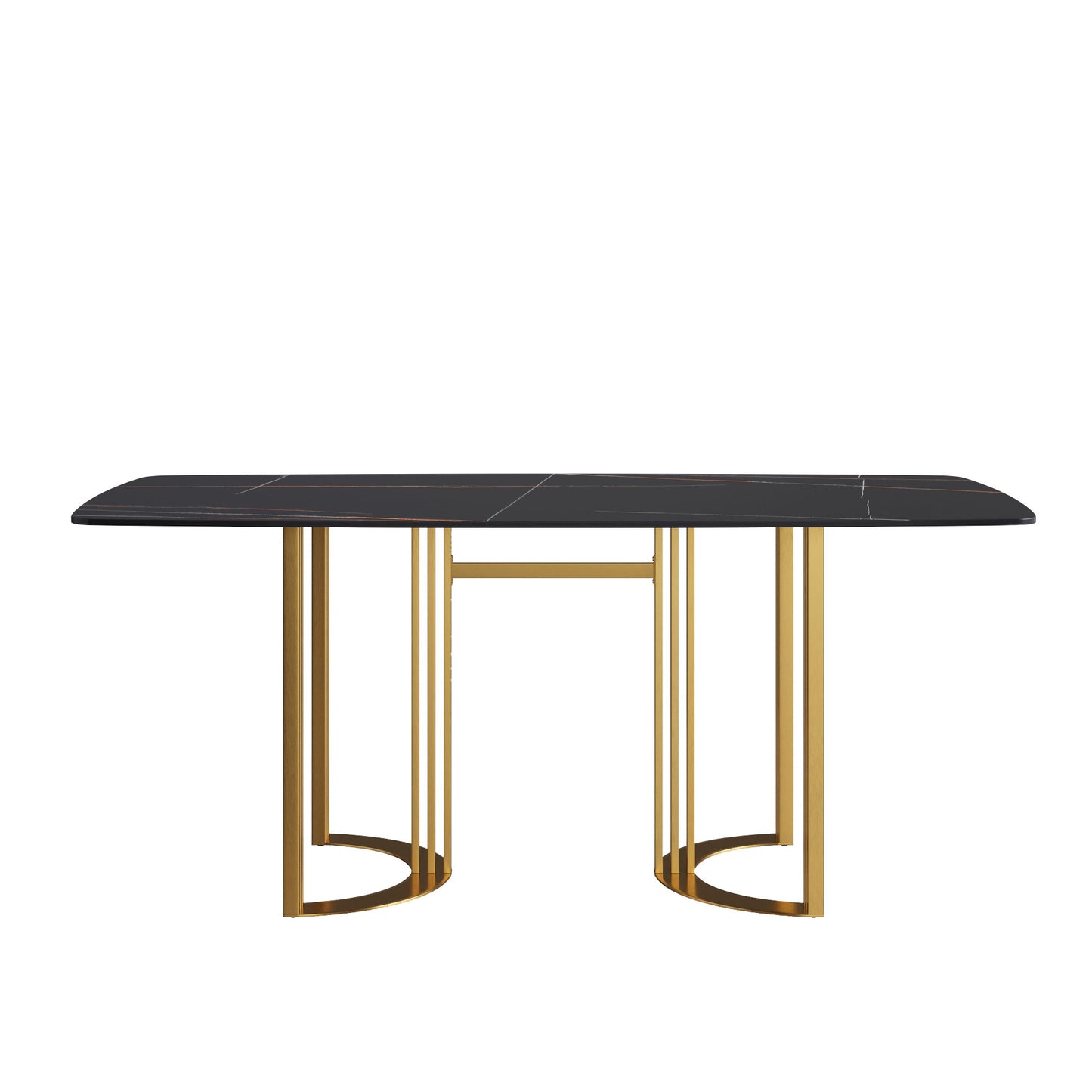 70.87" Modern Artificial Stone Black Curved Metal Leg Dining Table, Can Accommodate 6-8 People - Black / Gold