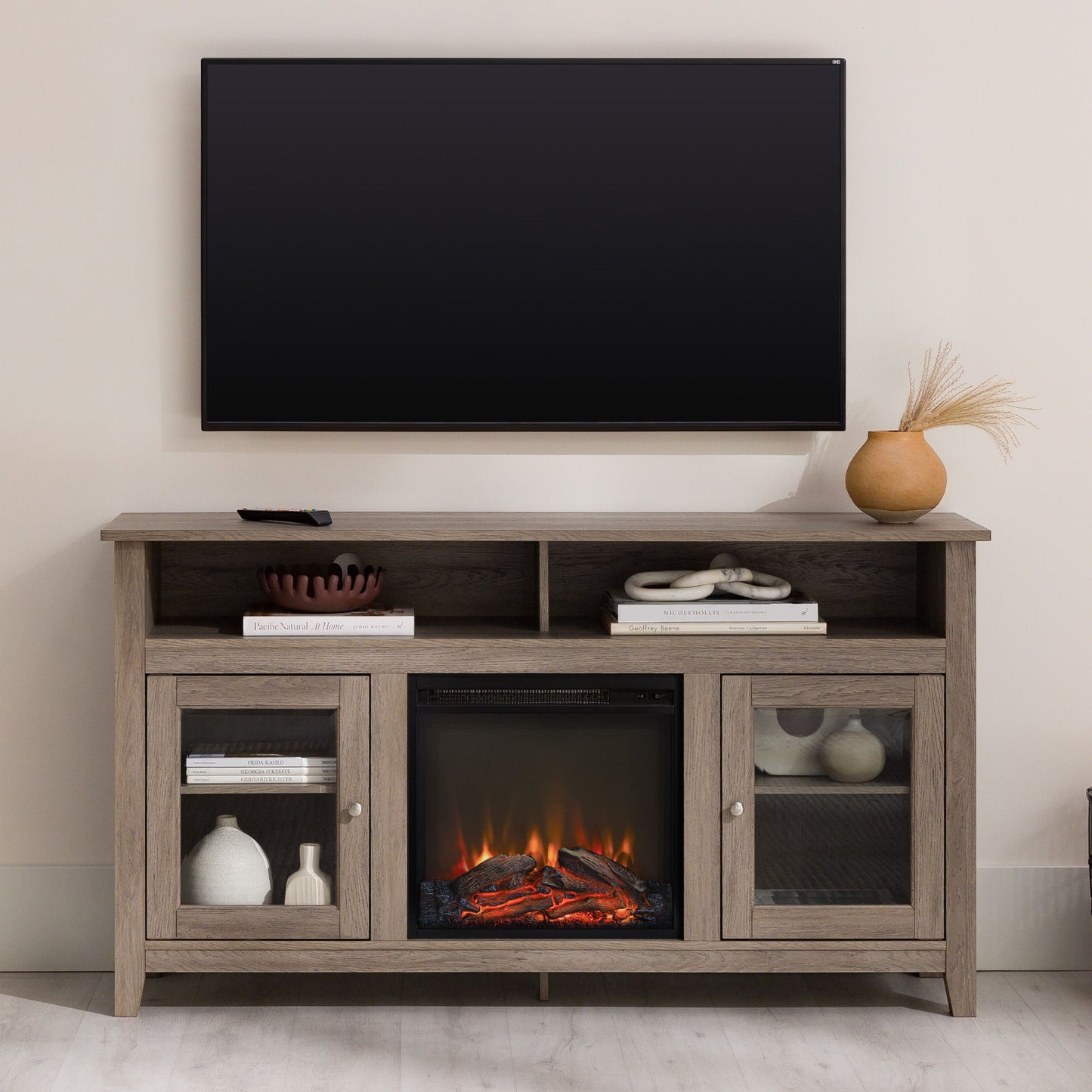 Classic Glass Door Fireplace Tall TV Stand For TVs Up To 65" - Driftwood