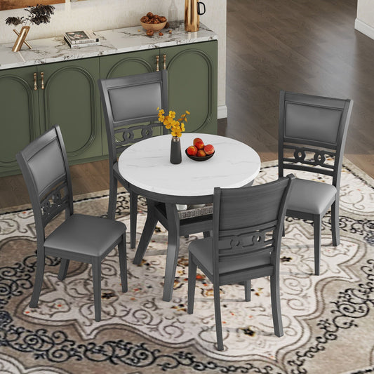 5 Piece Dining Round Table Set With One Faux Marble Top Dining Table And Four Pu-Leather Chairs - Gray