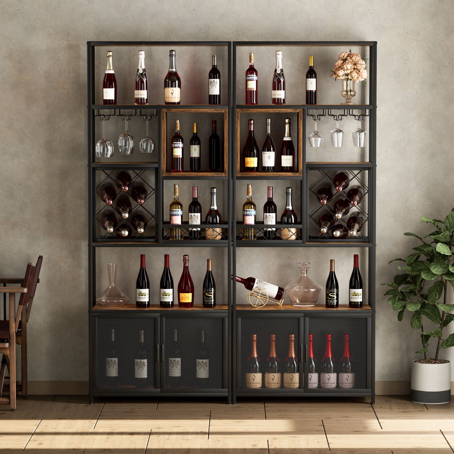 Industrial Tall Black Bar Wine Rack Cabinet With Glass Holder Wood Home Bar Cabinet - Walnut / Black