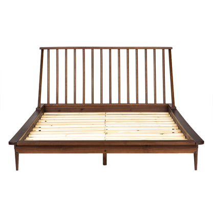 Mid-Century Modern Solid Wood Platform Bed Frame With Spindle Headboard